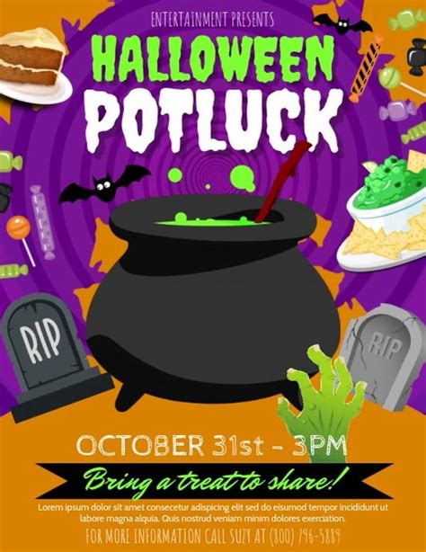 A Halloween Potluck Party Flyer With Witches And Tombstones On The
