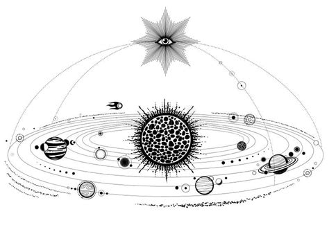 Monochrome Drawing Stylized Solar System Orbits Planets Space