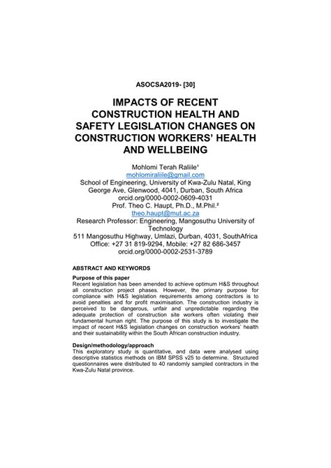 Pdf Impacts Of Recent Construction Health And Safety Legislation