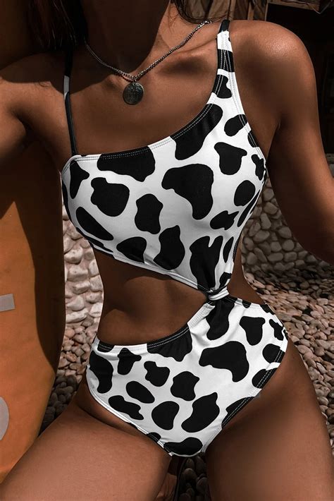 Women S Cow Print Cut Out One Piece Swimsuit High Cut U Neck Padded