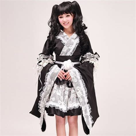 Japanese Anime Cosplay Kimono Lolita Maid Costume Black White Beautiful
