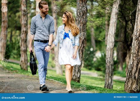 Beautiful Couple Taking A Walk In Nature Stock Image Image Of Outside