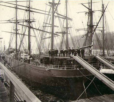 Crew Standing On Stacked Lumber On The Deck Of The Three Masted Bark