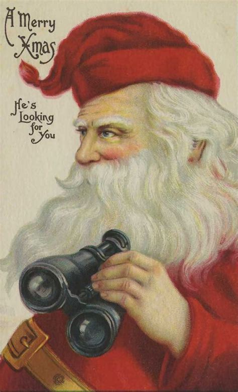 An Old Fashioned Christmas Card With Santa Holding Binoculars And