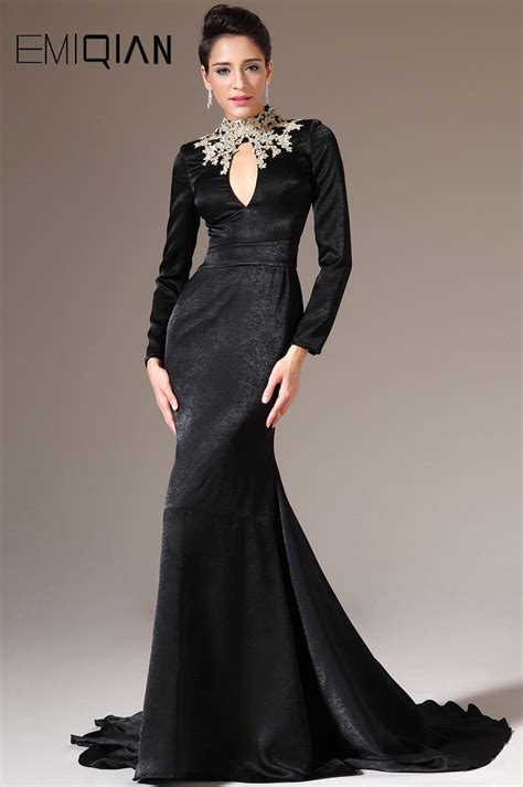 Freeshipping Mermaid High Neck Long Sleeves Black Evening Dresses With