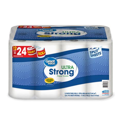 Great Value Ultra Strong Paper Towels Split Sheets 12 Double Rolls