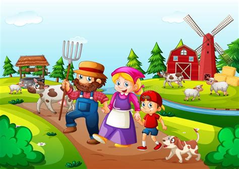 Farm With Red Barn And Windmill Scene Stock Vector Illustration Of