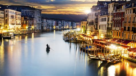 Venice Italy City Evening Buildings Illumination River Boats