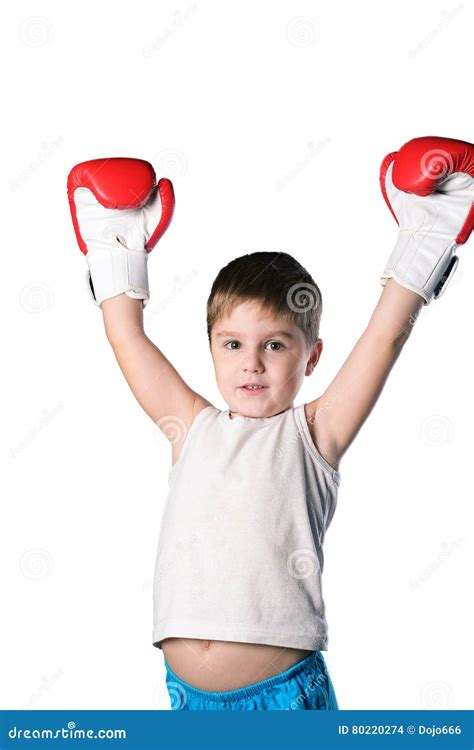 Little Boy With Red Boxing Gloves Victory Posing On White Background