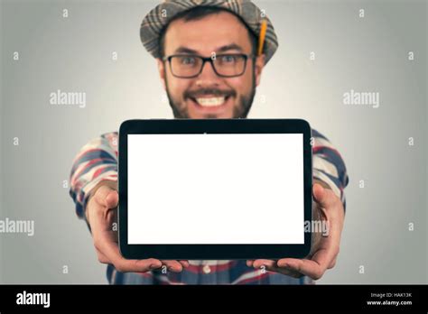 Young Happy Attractive Man Showing Blank Digital Tablet Stock Photo Alamy