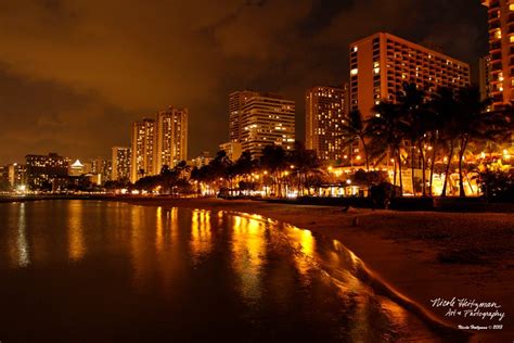 Oahu Hawaii Photo City Reflection Night Scene Ocean Photography