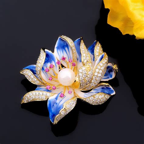 Buy Enamel Brooch Imitation Pearls Rhinestone Crystal Lotus Flower Brooches For