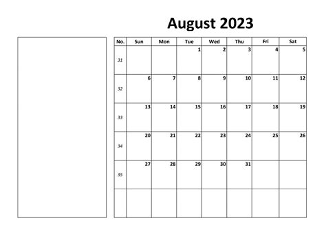 Blank August 2023 Calendar Fillable Template Pdf