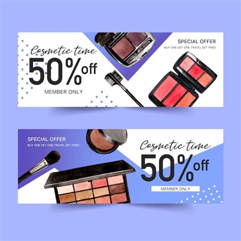Cosmetic Banner Design With Eyeshadow Brush Lipstick Vector Free