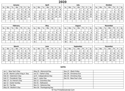 2020 Yearly Calendar In Excel Pdf And Word