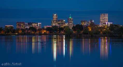 Denver Skyline Reflecting On Sloans Lake Blue Twilight Scenic