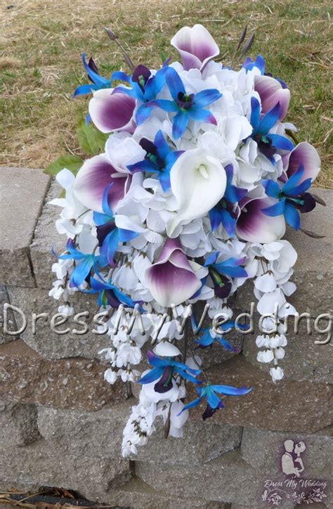 Dress My Wedding Cascading Picasso Calla And Blue Orchid Bouquet