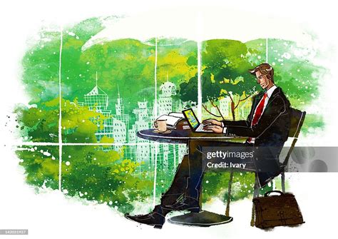 Illustration Of Welldressed Businessman Using Laptop High Res Vector