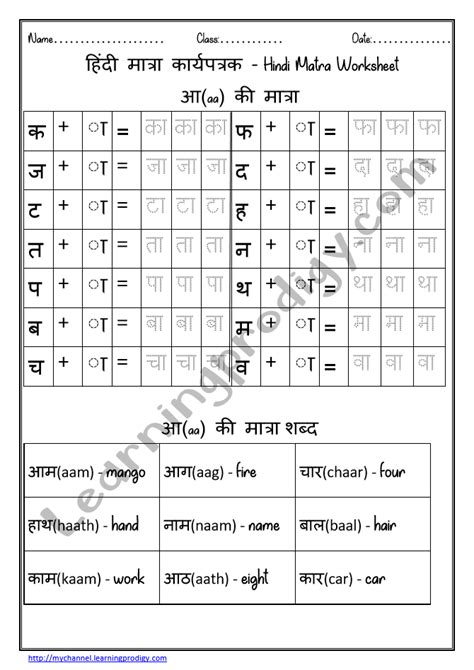 Hindi Aa Ki Matra Worksheet Hindi Practice Worksheet With English Meanings Downloadable Hindi