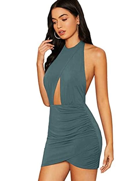 Buy Shein Womens Sexy Halter Ruched Bodycon Backless Wrap Party Cocktail Mini Dress Online