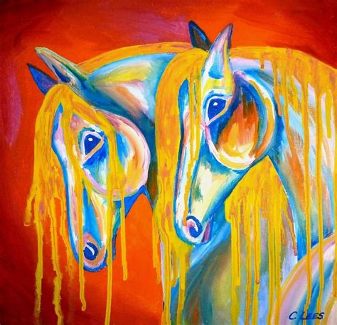 10x10 Original Acrylic Painting Two Horses With Paint Drip Manes On
