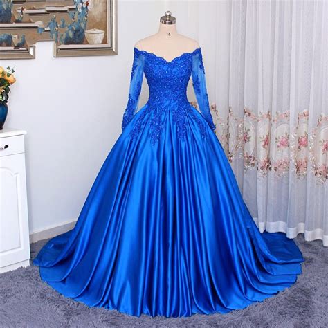 V Neck Blue Evening Dress With Long Sleeves Lace A Line Princess 2022