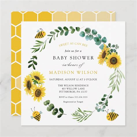 Bee Baby Shower Invitation With Sunflowers Printable Etsy