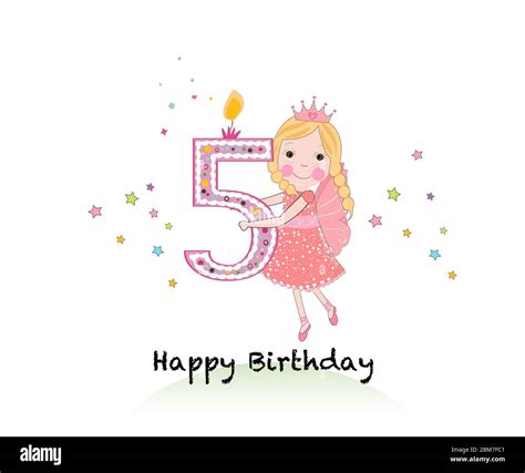 happy fifth birthday candle girl greeting card with cute fairy tale holding five number vector