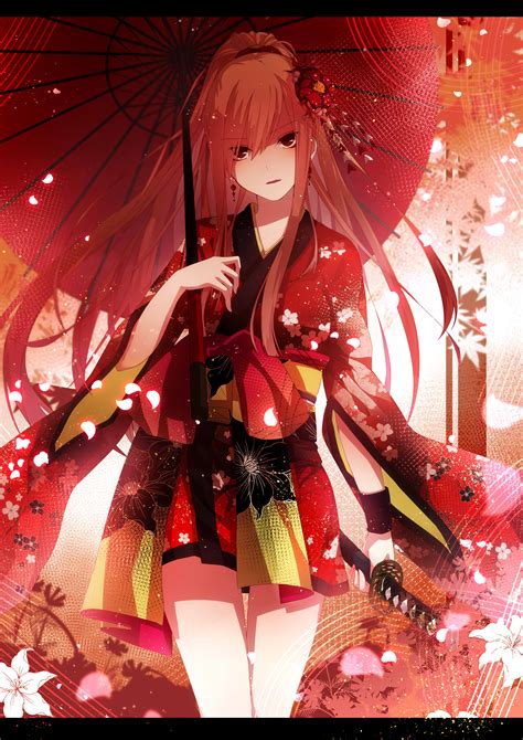 Wallpaper Ilustrasi Gadis Anime Merah Karakter Asli Yukata Komik