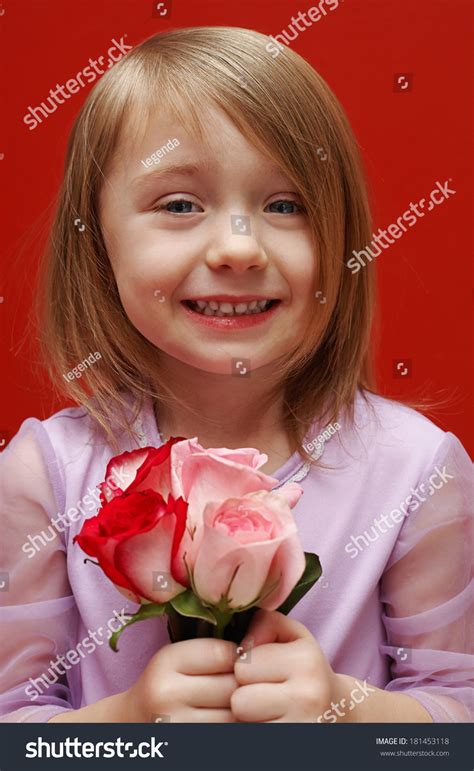 Portrait Beautiful Little Girl Roses Flowers Stock Photo 181453118
