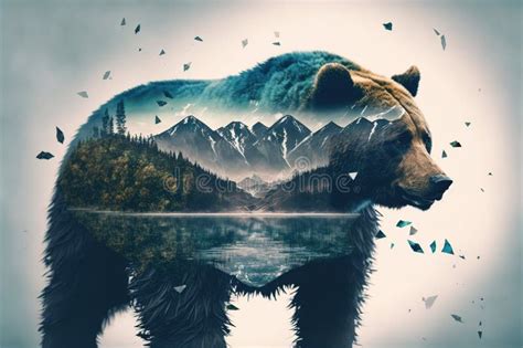 Wondrous Brown Grizzly Bear In Double Exposure With Natural Taiga