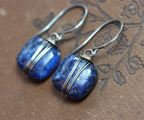 Lapis Earrings Silver Wire Wrapped Blue Gemstone Earrings Sterling