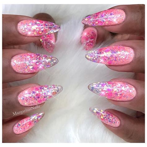Pink Glitter Ombré Nails Almond Shape Sparkly Nail Art Design Spring Summer Nail Art • • • •