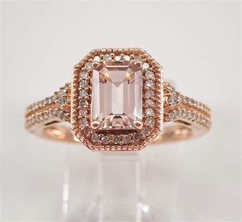 Morganite And Diamond Engagement Ring Rose Gold Emerald Cut Halo Bridal Fine Jewelry