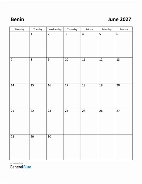 Free Printable June 2027 Calendar For Benin