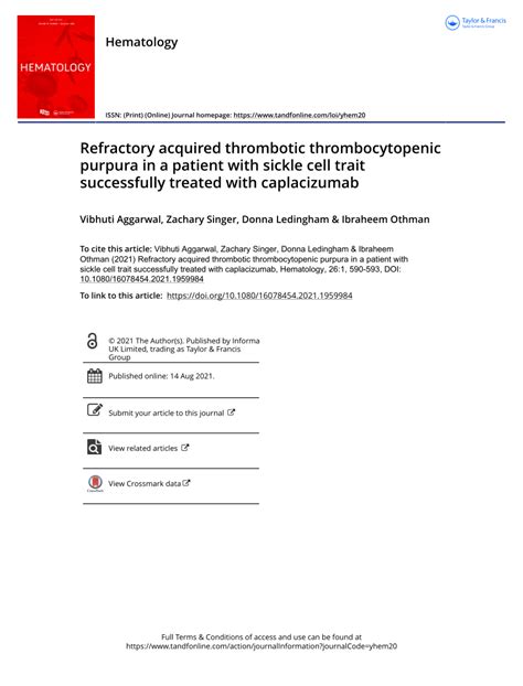 pdf refractory acquired thrombotic thrombocytopenic purpura in a patient with sickle cell