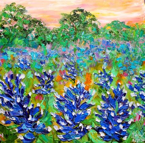 Karen Tarlton Original Oil Painting Bluebonnets Sunrise Landscape