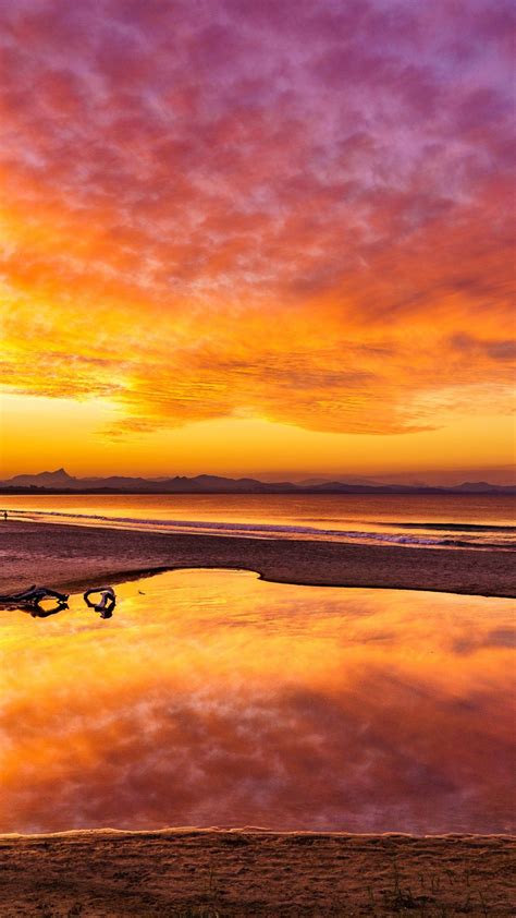 Downaload Sunset Beach Sky Reflections Clouds Nature Skyline