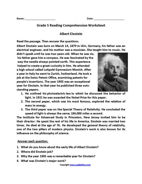 Albert Einstein Fifth Grade Reading Worksheets Reading