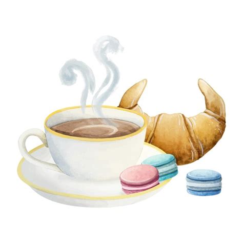 Premium Vector Hot Coffee Cup With Macaroons And Croissant Desserts