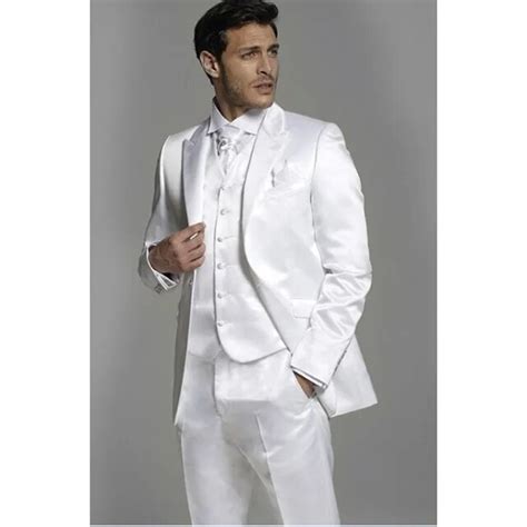 Custom Made Stage White Satin Men Suits Grooms Wedding Tuxedo Formal