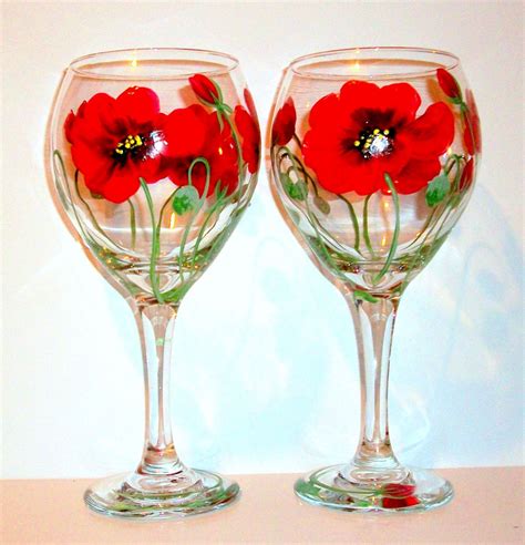Poppies Red Poppies Red Flowers Green Poppy Set Of 2 20 Oz Hand Painted Red Wedding Wine