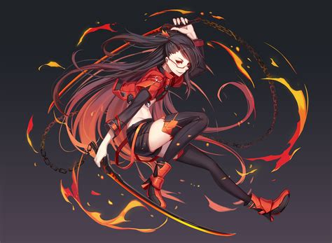 Sword Anime Girl With Black Hair And Red Eyes