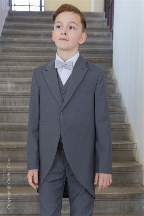 Boys Grey Tail Coat Wedding Suit With Silver Bow Tie Charles Class