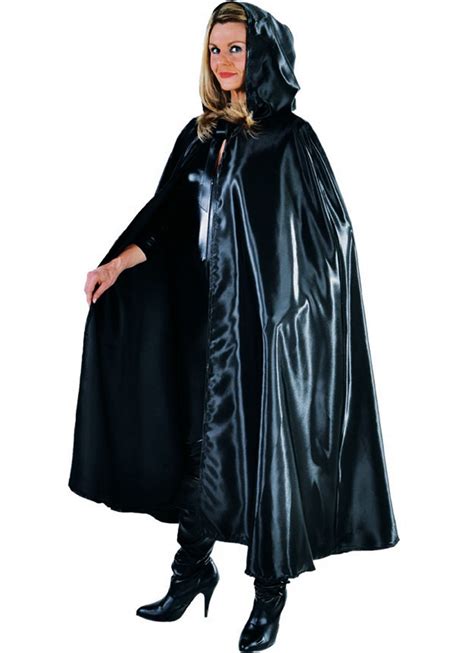 Deluxe Black Satin Hooded Cloak Cape Gothic Witch Etc Umhang Mit Kapuze Regen Mode