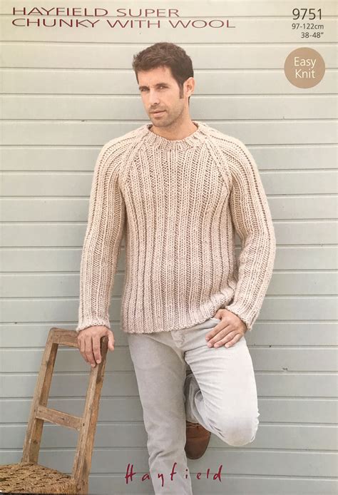Men S Round Neck Sweater Knitting Pattern For Super Chunky Yarn Raglan Sleeve Hayfield 9751