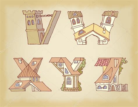 English Language Alphabet Letters In Houses Shape Hand Drawn Font