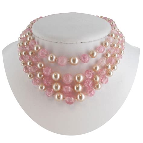 Vintage Pink Glass Faux Pearl Multi Strand Necklace Ebay