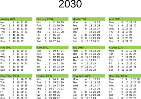 Year 2030 Calendar In English 22819481 Vector Art At Vecteezy