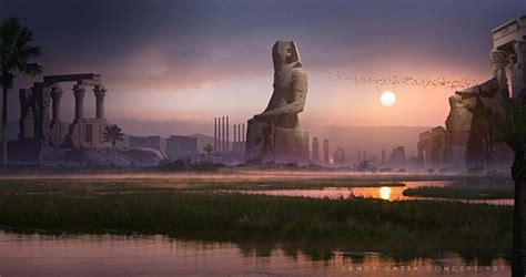 The Sun Is Setting Over An Ancient City With Columns And Statues In